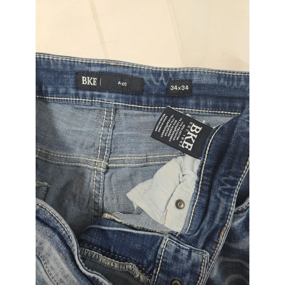 BKE Alec Mens Medium Wash Straight Leg Denim Jeans whiskered y2k 34x33 BO